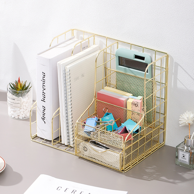 Office Desk Organizer Suptor 6 Compartimentos Mase Mesh Organizador de archivos de alambre de hierro Soporte con cajón deslizante